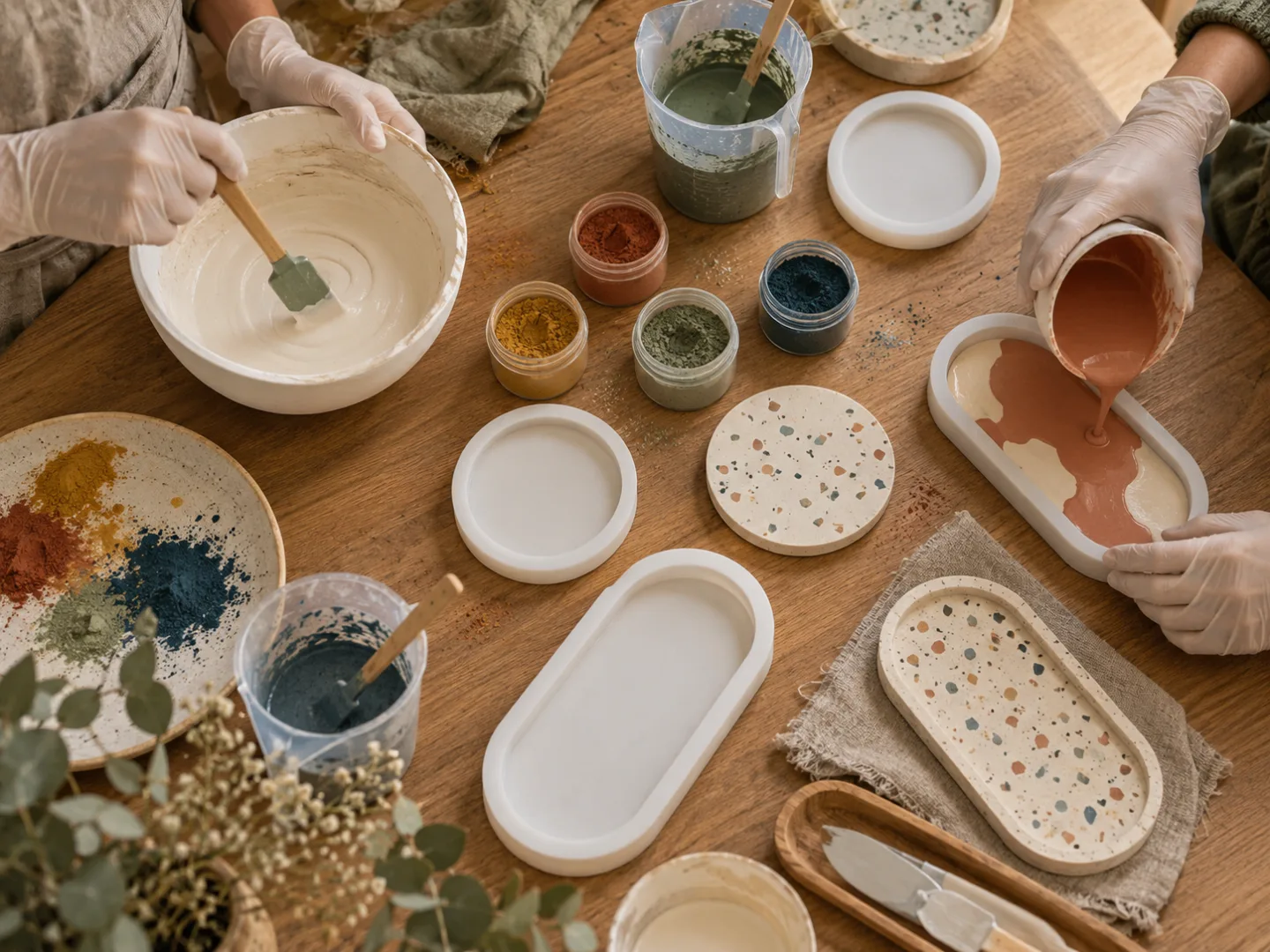 Table d’atelier avec moules, pigments et mains au travail