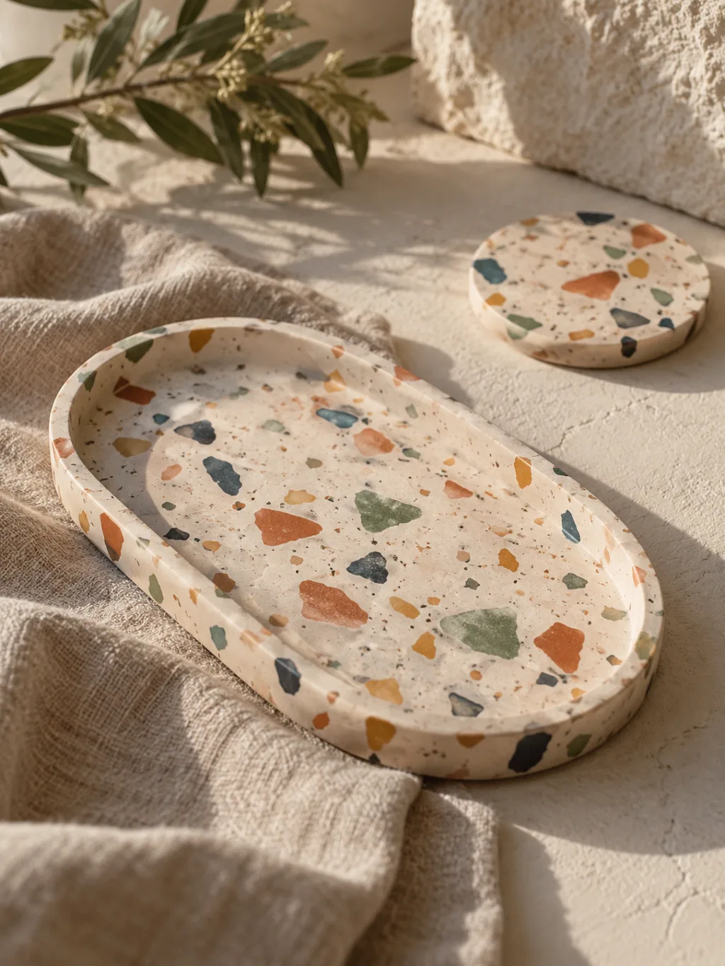 Plateau décoratif et dessous de verre en Jesmonite terrazzo