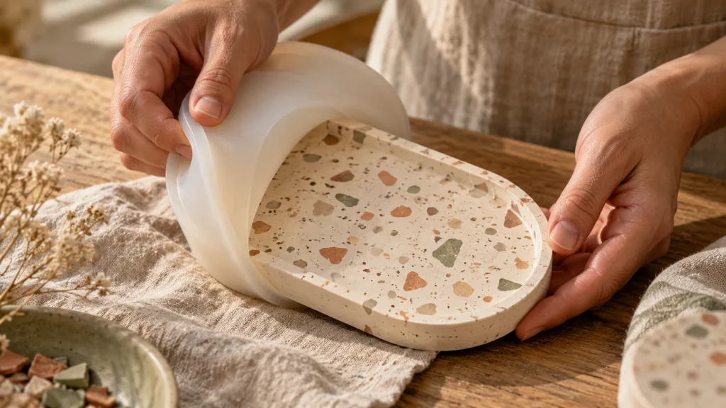 Mains démoulant un plateau en Jesmonite terrazzo