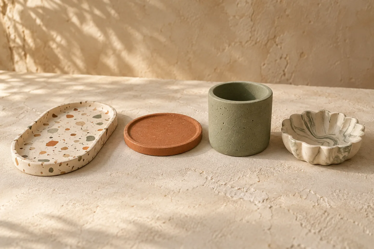 Exemples de créations en Jesmonite : plateau, dessous de verre, pot et coupelle